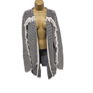 Boho Hippie Cream Black Fringe Chunky Knit Cardigan Sweater Womens Size XXL Cozy